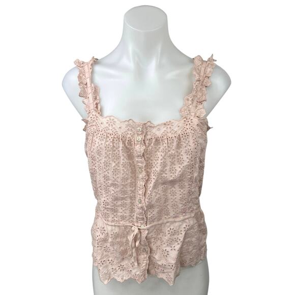 Unsubscribed Pink Eyelet Embroidered Sleeveless Ruffles Peplum Button Tank Top 4 - Picture 1 of 5